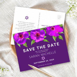 Cartão Postal De Convite Roxo Salve a Data Bat Mitzvah Floral Watercolor