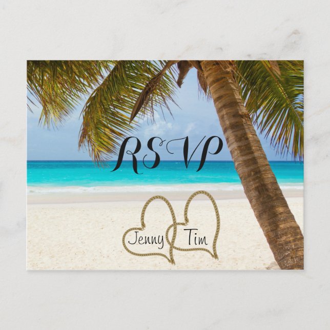 Cartão Postal De Convite RSVP amor praiano corações noiva palmeira areia on (Frente)