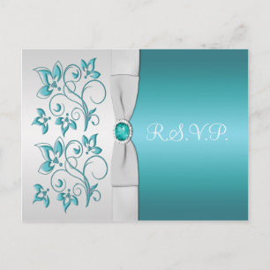 Cartão Postal De Convite RSVP Aqua-Marine e Silver Floral