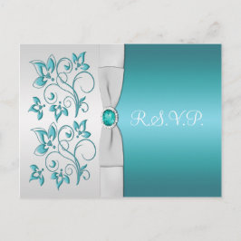 Cartão Postal De Convite RSVP Aqua-Marine e Silver Floral