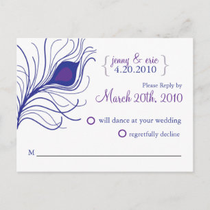 Cartão Postal De Convite RSVP Casamento de Penas Pêssego Cartão Azul Púrpur