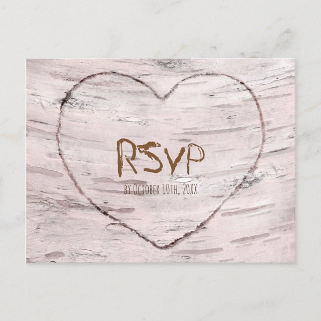 Cartão Postal De Convite RSVP Casamento Rústico Birch Tree & Heart (Frente)