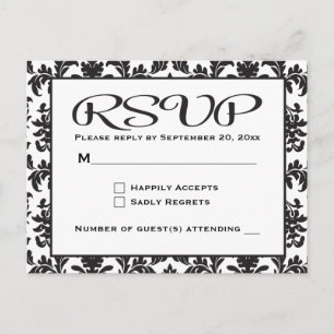 Cartão Postal De Convite RSVP Damasco Preto e Branco Casamento / Festa