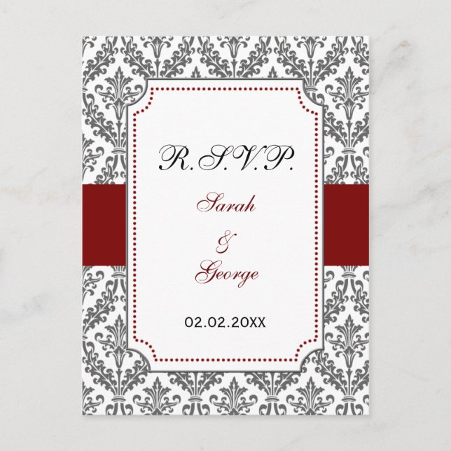 Cartão Postal De Convite rsvp damask vermelho (Frente)