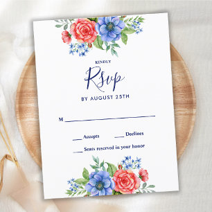 Cartão Postal De Convite RSVP de Casamento Azul Branco Floral Vermelho Patr