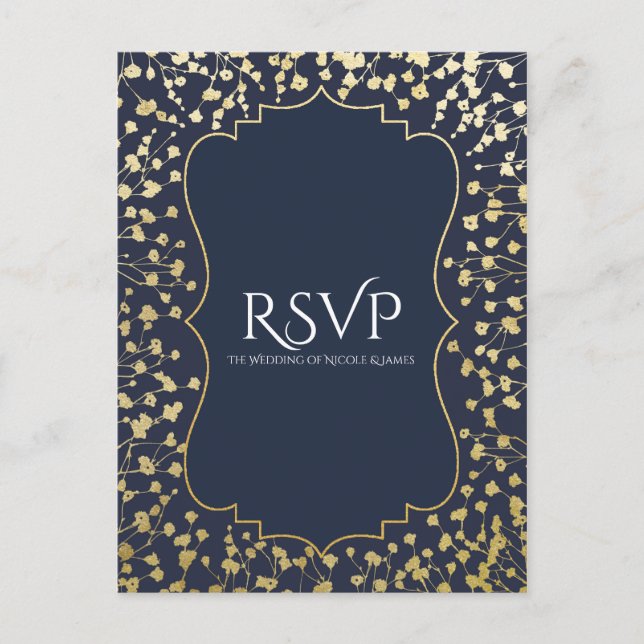 Cartão Postal De Convite RSVP de Casamento Azul Rústico Russo Dourado Respi (Frente)