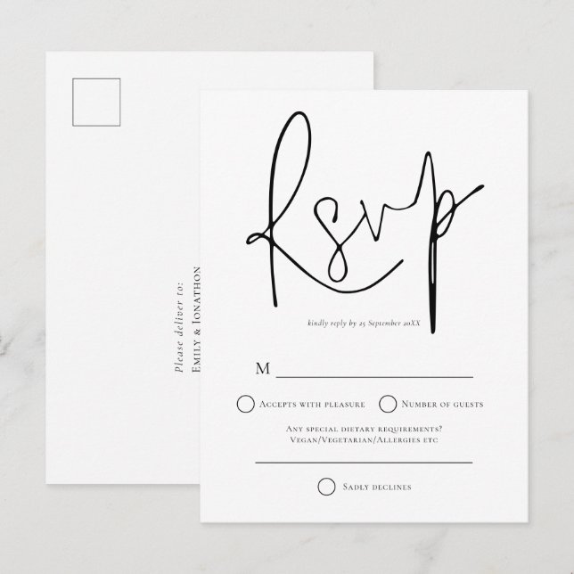 Cartão Postal De Convite RSVP de Casamento Branco Preto Simples (Frente/Verso)