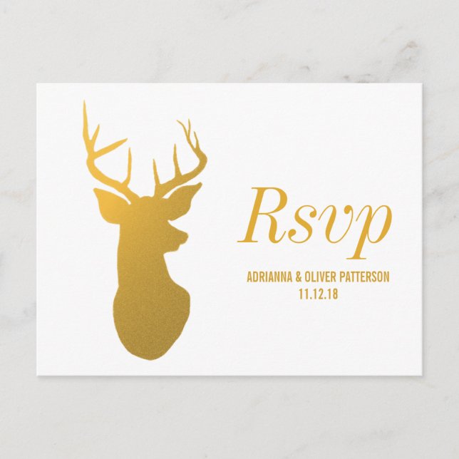 Cartão Postal De Convite RSVP de Casamento de Antler/Reindeer Dourado Russo (Frente)