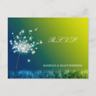 Cartão Postal De Convite RSVP de Casamento de Dandelion Primavera Verde Azu