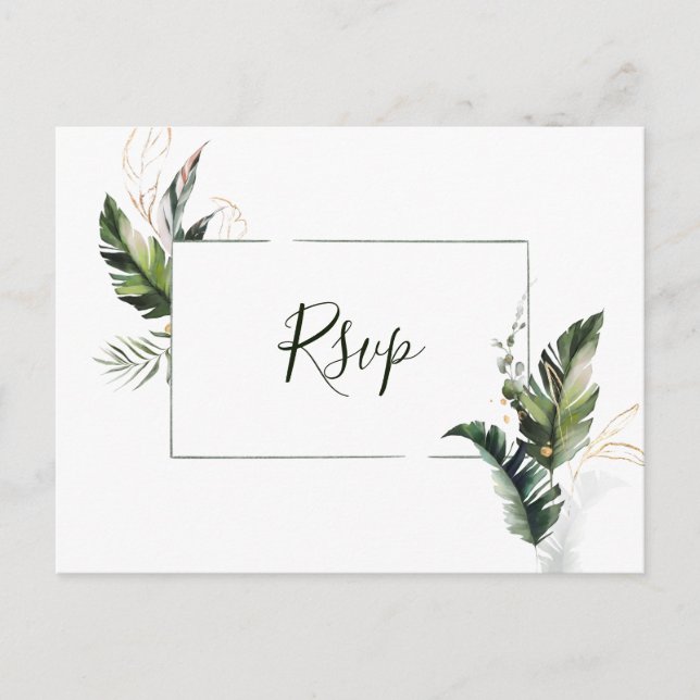 Cartão Postal De Convite RSVP de Casamento de Folhagem de Aquarelas Tropica (Frente)