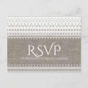 Cartão Postal De Convite RSVP de Casamento de Locais Rustic Burlap & Elegan
