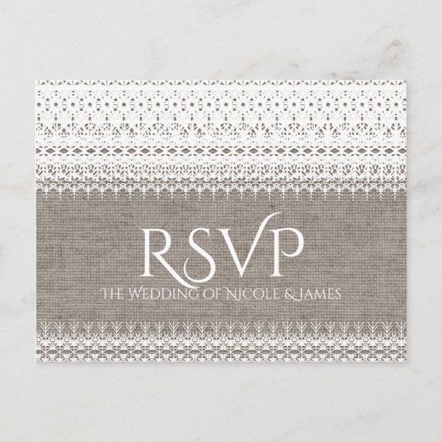 Cartão Postal De Convite RSVP de Casamento de Locais Rustic Burlap & Elegan (Frente)