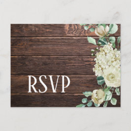 Cartão Postal De Convite Rsvp de casamento de madeira escura com hortênsia 