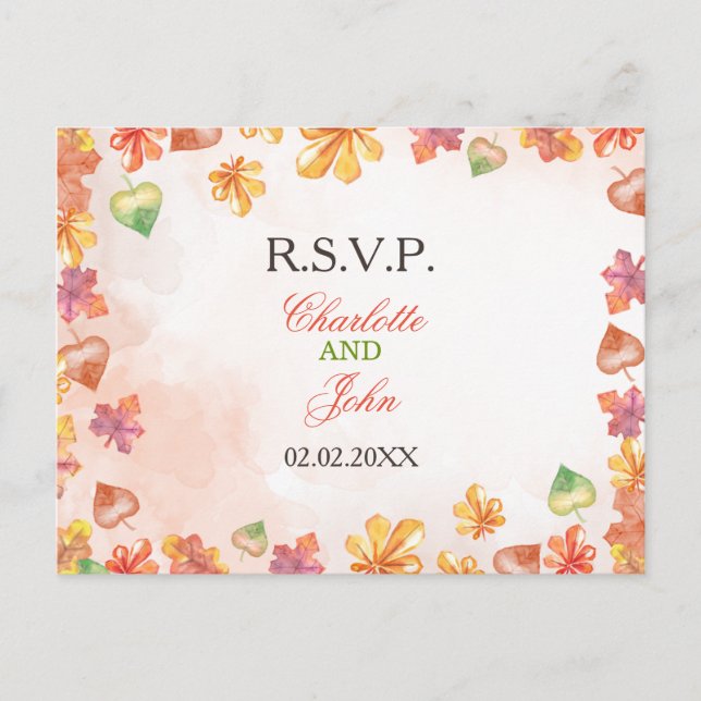 Cartão Postal De Convite RSVP de casamento de outono com folhas de aquarela (Frente)
