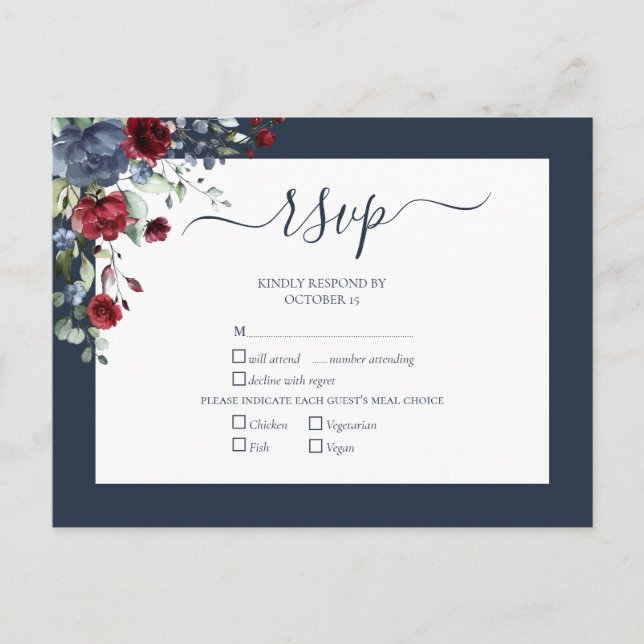 Cartão Postal De Convite RSVP de Casamento de Script Botânico Burgundy Azul (Frente)