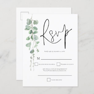 Cartão Postal De Convite RSVP de Casamento de Script Eucalyptus Elegante