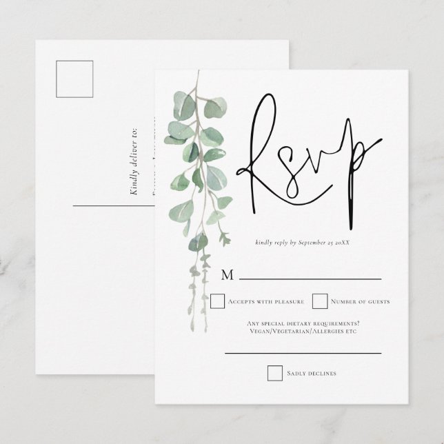 Cartão Postal De Convite RSVP de Casamento de Script Eucalyptus Elegante (Frente/Verso)