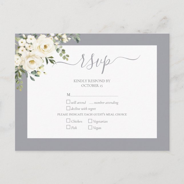 Cartão Postal De Convite RSVP de Casamento de Script Floral Branco de Cinza (Frente)