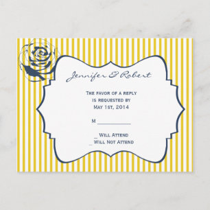 Cartão Postal De Convite RSVP de Casamento de Stripe Amarelo Azul Moderno