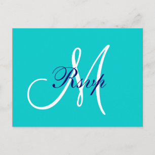Cartão Postal De Convite RSVP de Casamento do Monograma Azul com Marinho Te