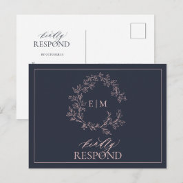 Cartão Postal De Convite RSVP de Casamento do Monograma Rosa-Blush Azul-mar