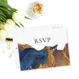 Cartão Postal De Convite RSVP de Casamento Dourado Azul de Encantamento