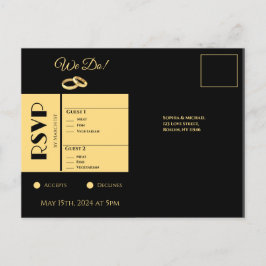 Cartão Postal De Convite RSVP de Casamento Dourado e Preto-