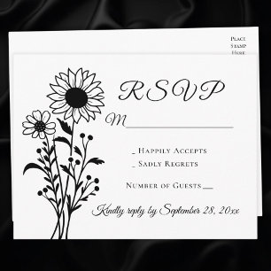 Cartão Postal De Convite RSVP de Casamento Floral Branca de Girassol Negro