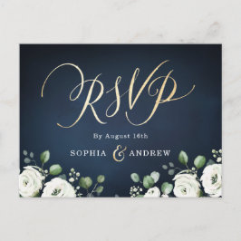 Cartão Postal De Convite RSVP de casamento floral branco de marinho de guiã