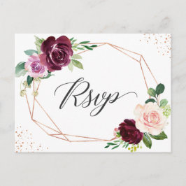 Cartão Postal De Convite RSVP de Casamento Floral com Blush de Plum Dourado