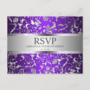 Cartão Postal De Convite RSVP de Casamento Floral do Prata Roxo Moderno