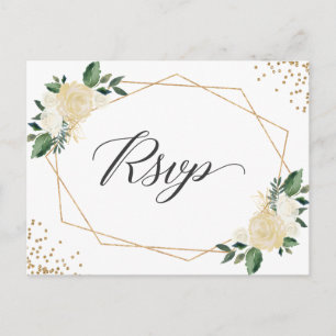 Cartão Postal De Convite RSVP de Casamento Floral Dourado Verde Geométrico 