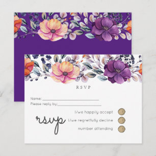 Cartão Postal De Convite RSVP de Casamento Floral Laranja Roxo