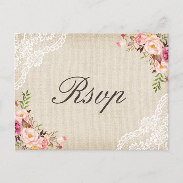 Cartão Postal De Convite RSVP de Casamento Floral Rustic Burlap (Frente)