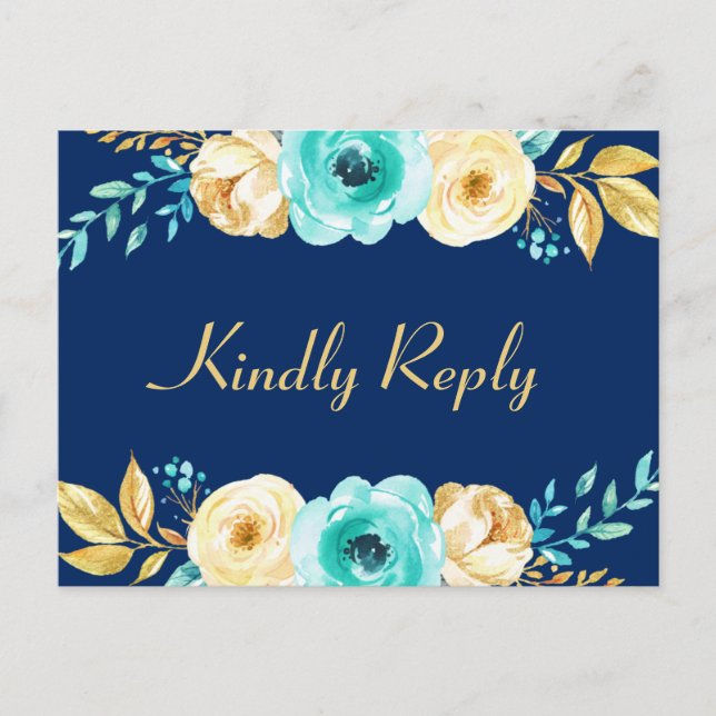 Cartão Postal De Convite RSVP de Casamento - Marinho de Aquarela Azul Doura (Frente)