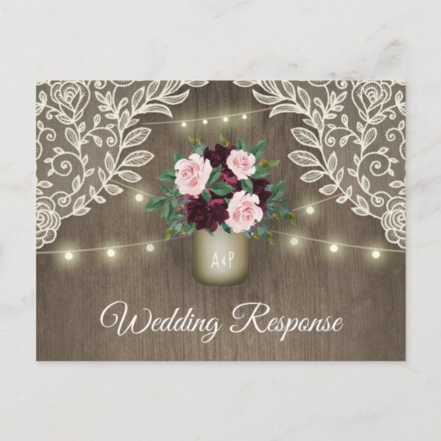 Cartão Postal De Convite RSVP de Casamento Mason Jar Dourado Rosa  Brilhant (Frente)