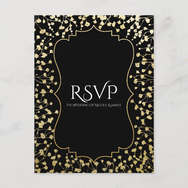 Cartão Postal De Convite RSVP de Casamento Negro Chic Floral de Respiração  (Frente)