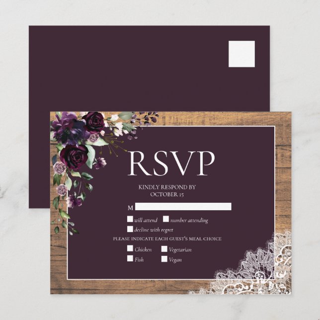Cartão Postal De Convite RSVP de Casamento Russo da Madeira Plum Purple Flo (Frente/Verso)