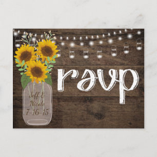 Cartão Postal De Convite RSVP de Casamento Russo de Madeira e Girassóis