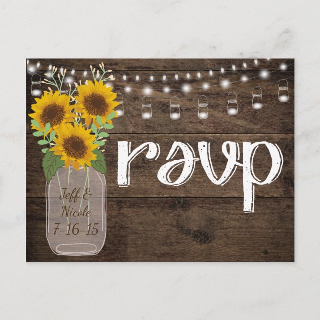 Cartão Postal De Convite RSVP de Casamento Russo de Madeira e Girassóis (Frente)