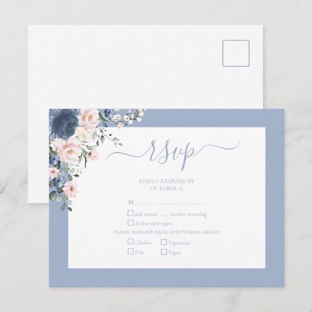 Cartão Postal De Convite RSVP de Script de Lace Blush Azul Elegante (Frente/Verso)