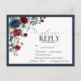 Cartão Postal De Convite RSVP de Script Floral de Aquarela Azul Burgundy