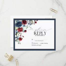 Cartão Postal De Convite RSVP de Script Floral de Aquarela Azul Burgundy