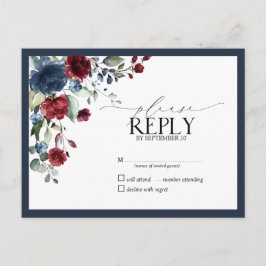 Cartão Postal De Convite RSVP de Script Floral de Aquarela Azul Burgundy