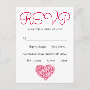 Cartão Postal De Convite RSVP Doodle Coração Rosa Vermelho Festa / Casament