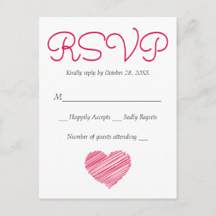 Cartão Postal De Convite RSVP Doodle Coração Rosa Vermelho Festa Casamento