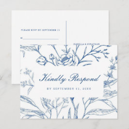 Cartão Postal De Convite Rsvp Floral Azul e Branco com Opção de Refeição de
