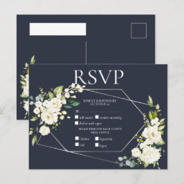 Cartão Postal De Convite RSVP Floral Branco Geométrico Azul
