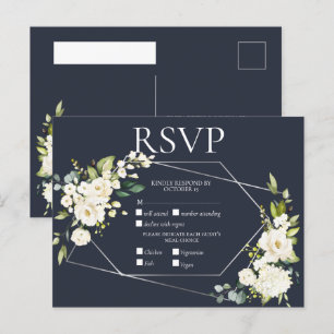 Cartão Postal De Convite RSVP Floral Branco Geométrico Azul