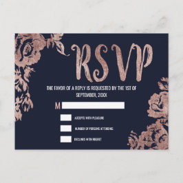 Cartão Postal De Convite RSVP Floral de marinho Azul e Rosa Dourado